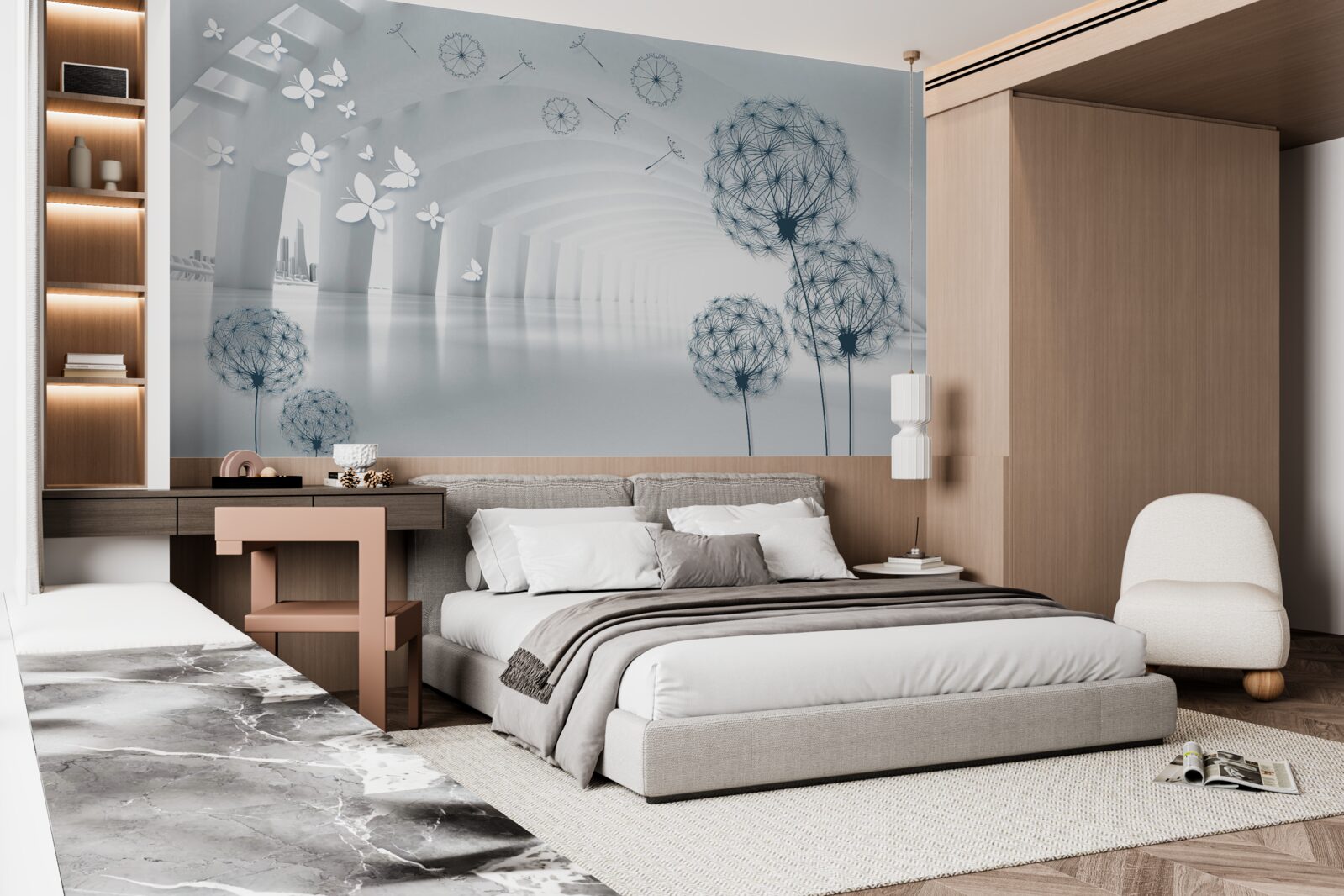 Fototapet Arcuri albe ca zăpada pe cer și câmp de lăptișor de matcă