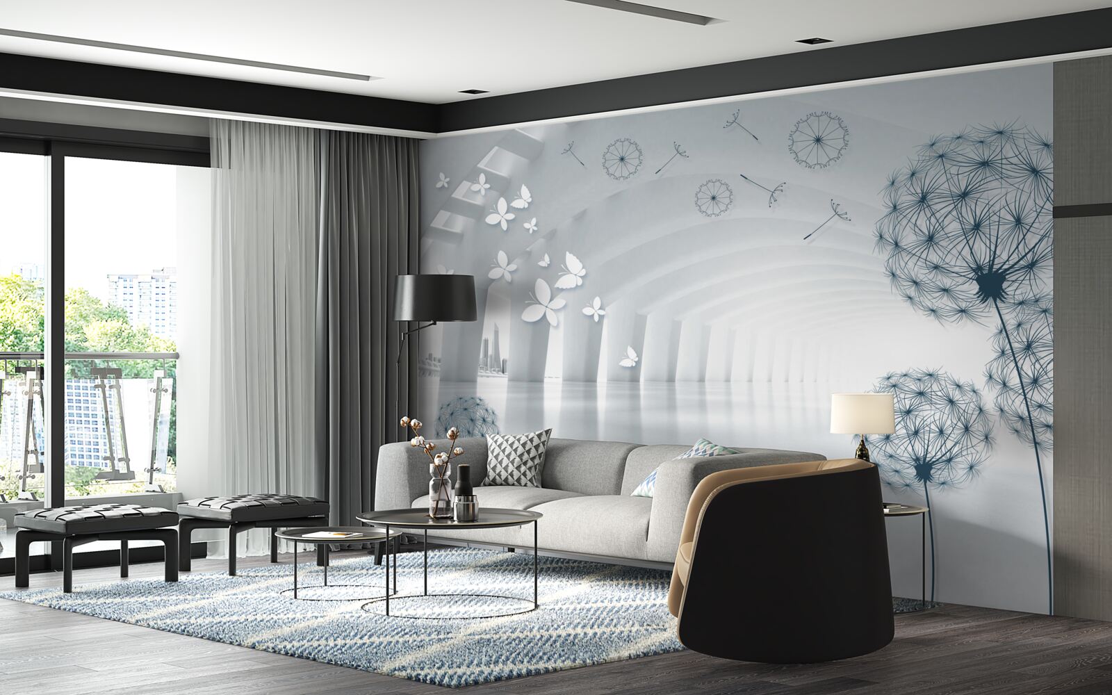 Fototapet Arcuri albe ca zăpada pe cer și câmp de lăptișor de matcă