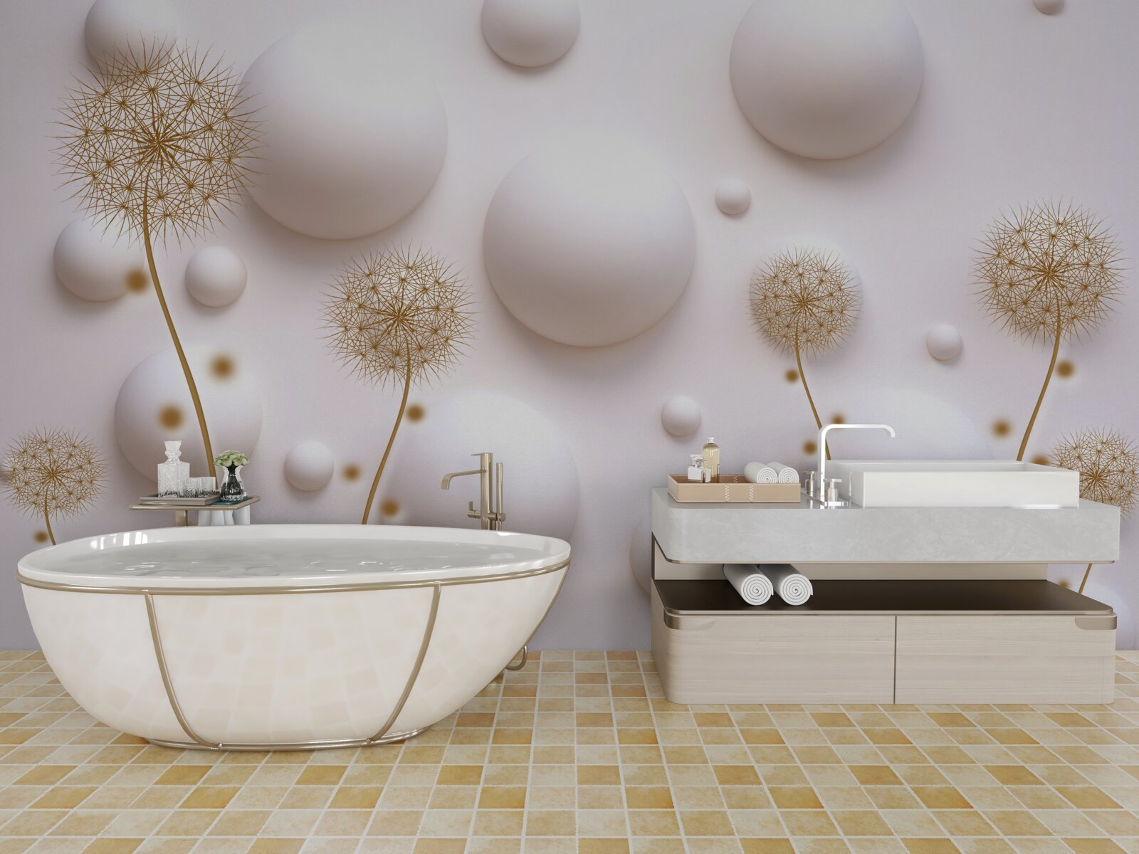 Fototapet Perle circulare albe ca zăpada și milleons aurii