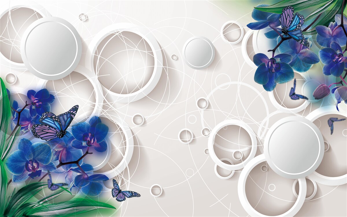 Fototapet fundalul geometric este decorat cu ramuri de orhidee albastre