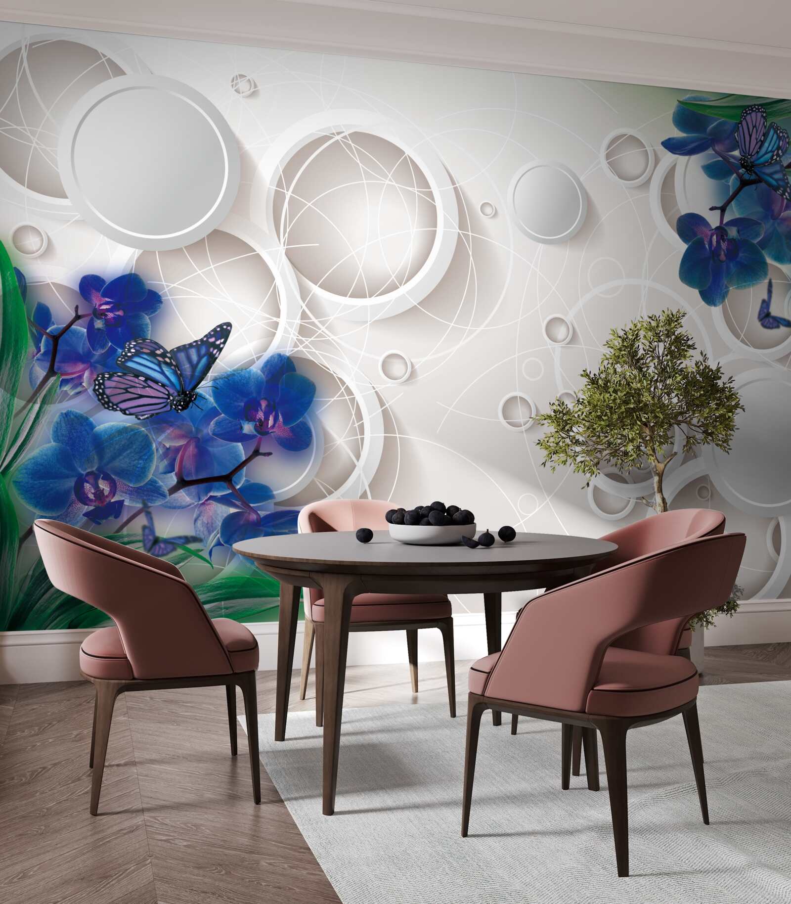 Fototapet fundalul geometric este decorat cu ramuri de orhidee albastre