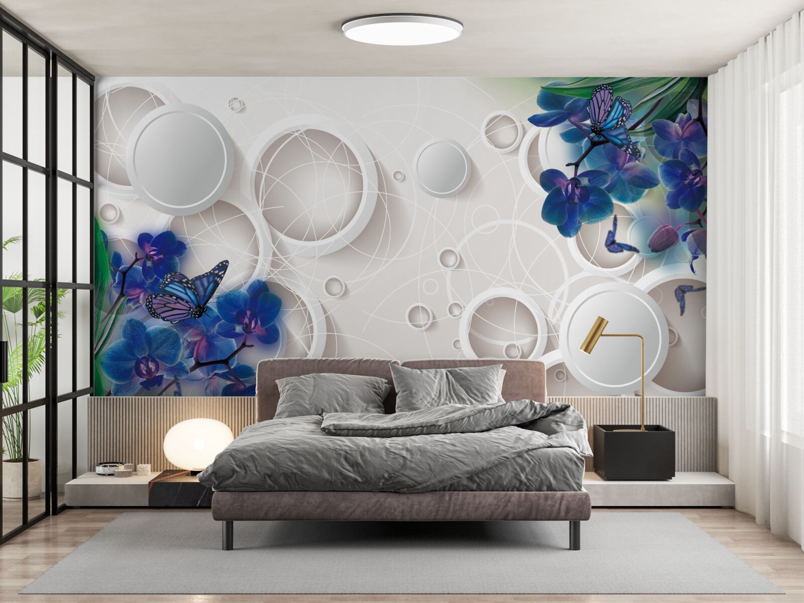 Fototapet fundalul geometric este decorat cu ramuri de orhidee albastre