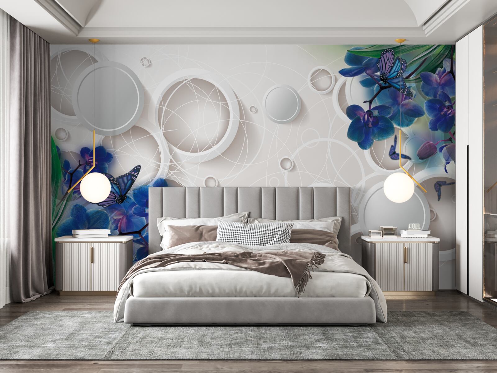 Fototapet fundalul geometric este decorat cu ramuri de orhidee albastre