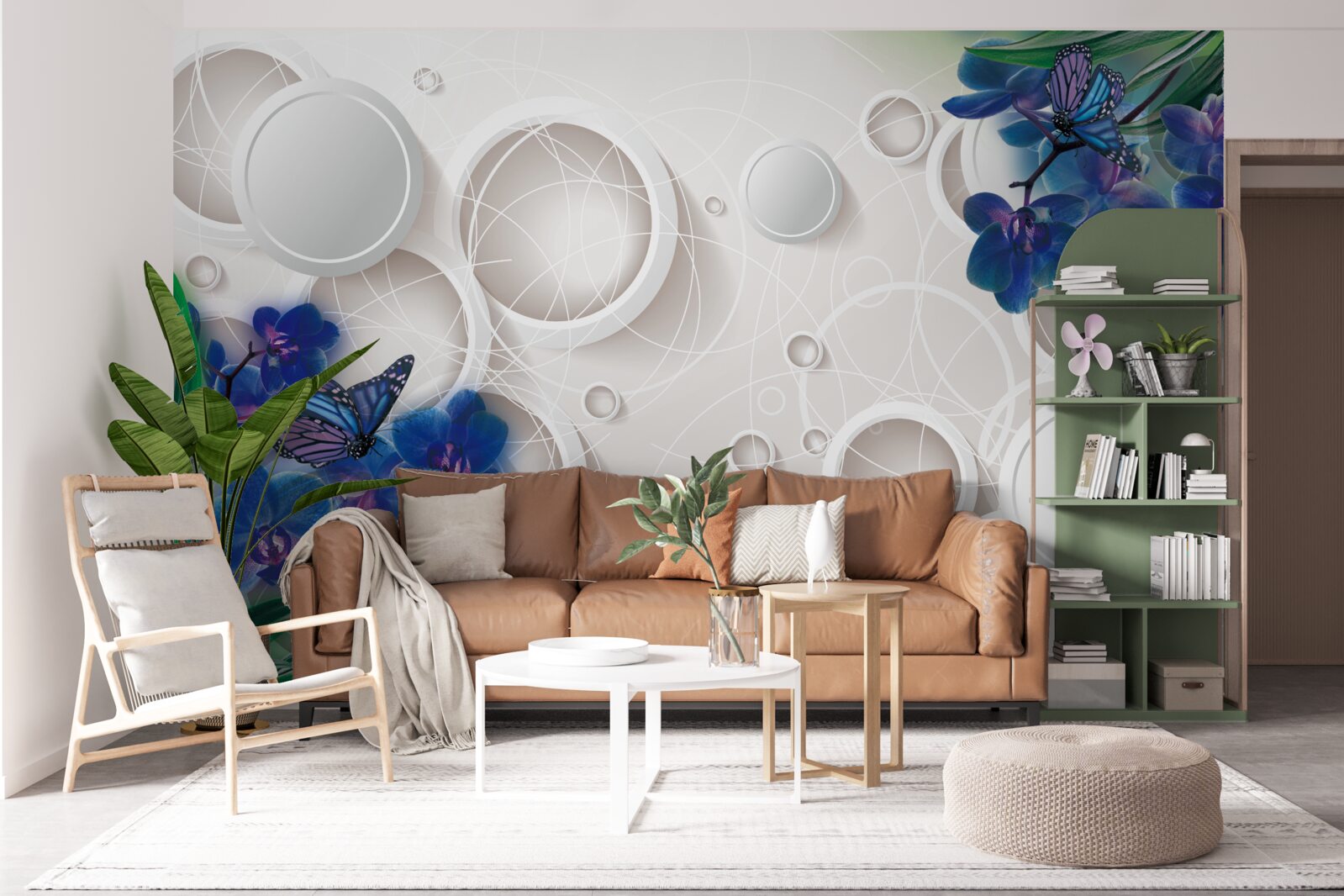 Fototapet fundalul geometric este decorat cu ramuri de orhidee albastre