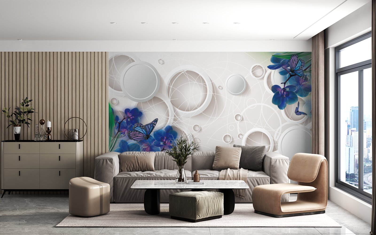 Fototapet fundalul geometric este decorat cu ramuri de orhidee albastre