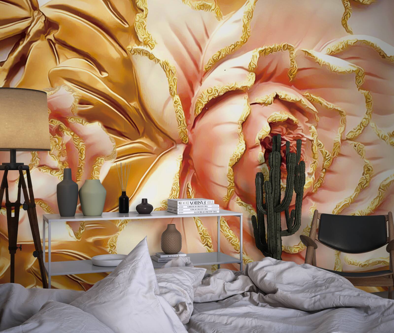 Fototapet bujor înflorit cu frunze aurii