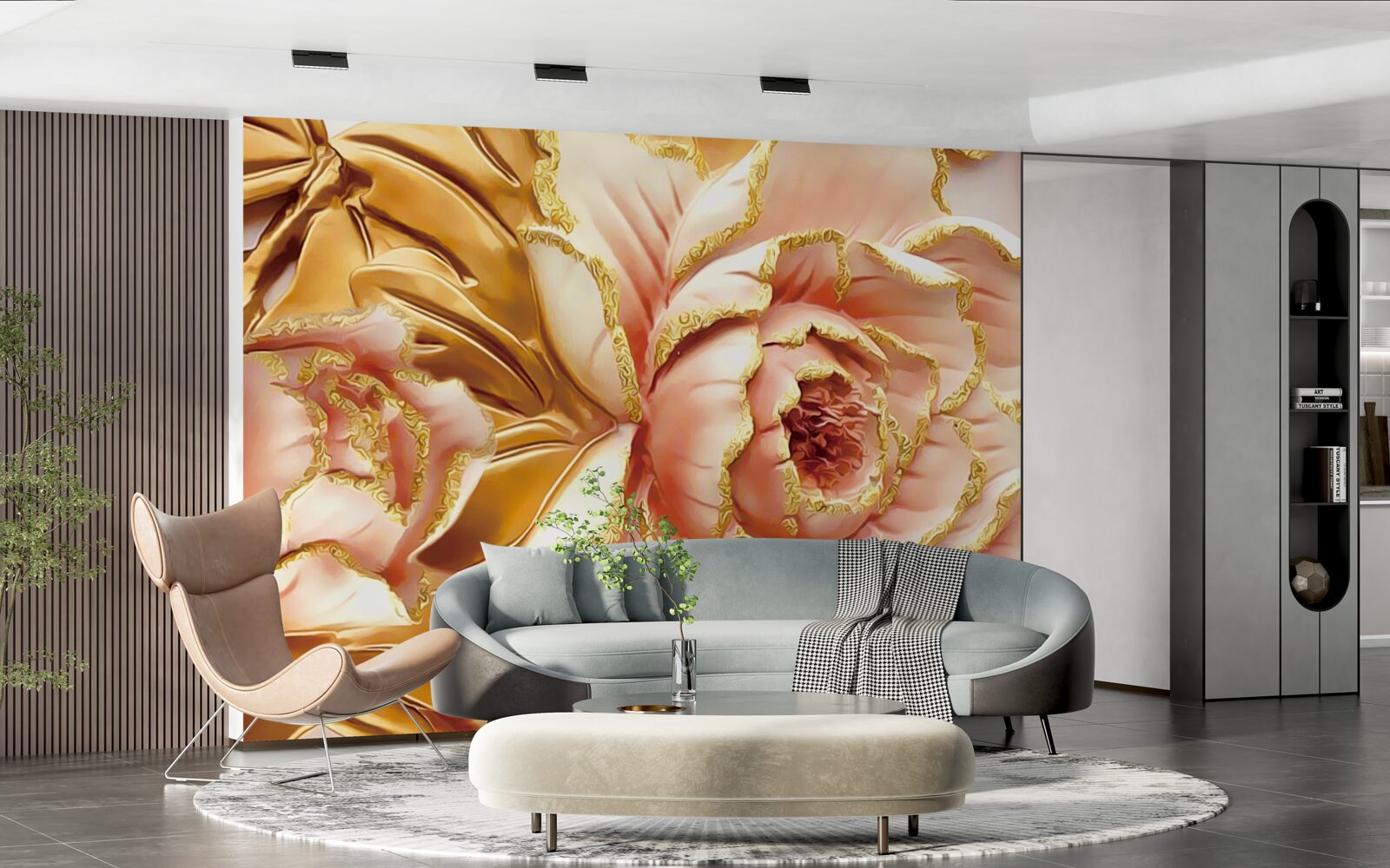 Fototapet bujor înflorit cu frunze aurii