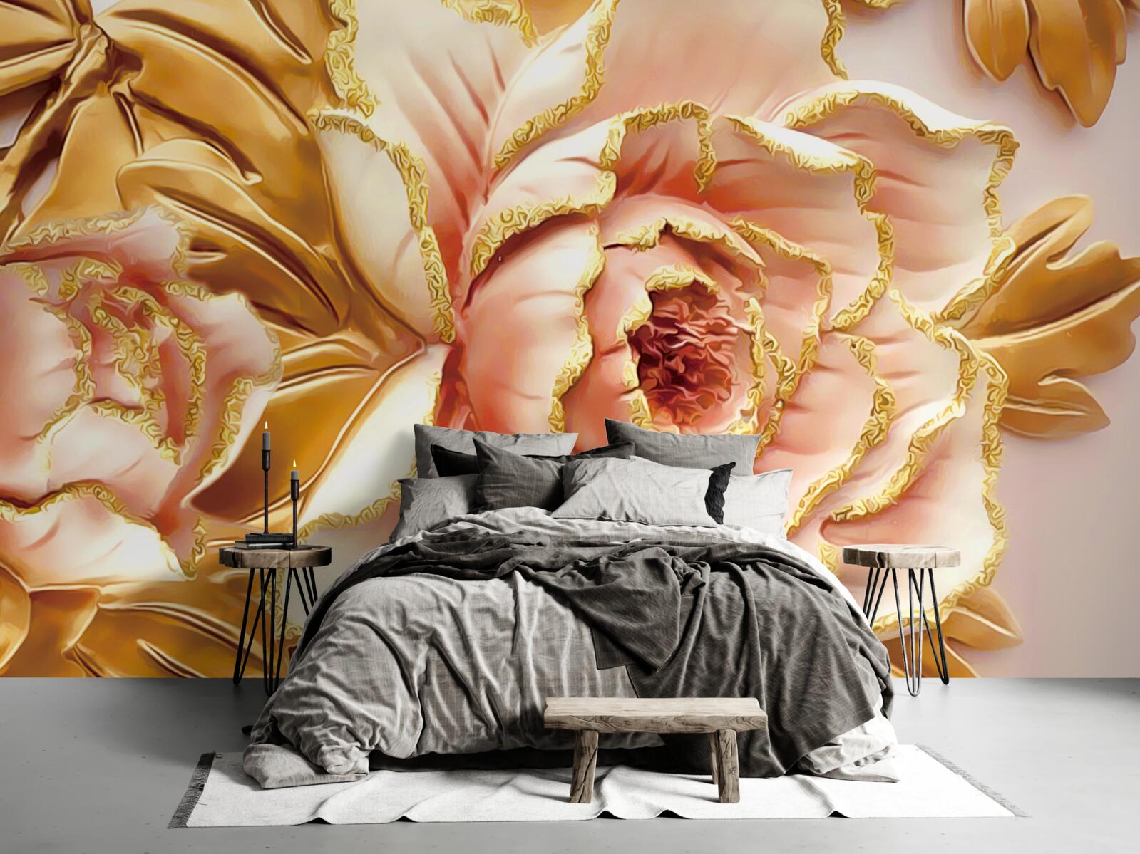 Fototapet bujor înflorit cu frunze aurii