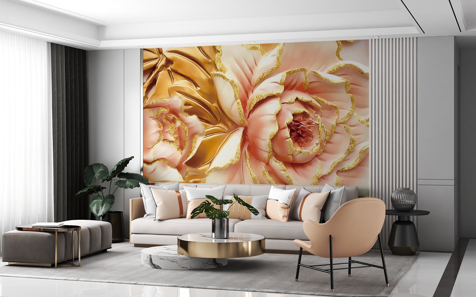 Fototapet bujor înflorit cu frunze aurii