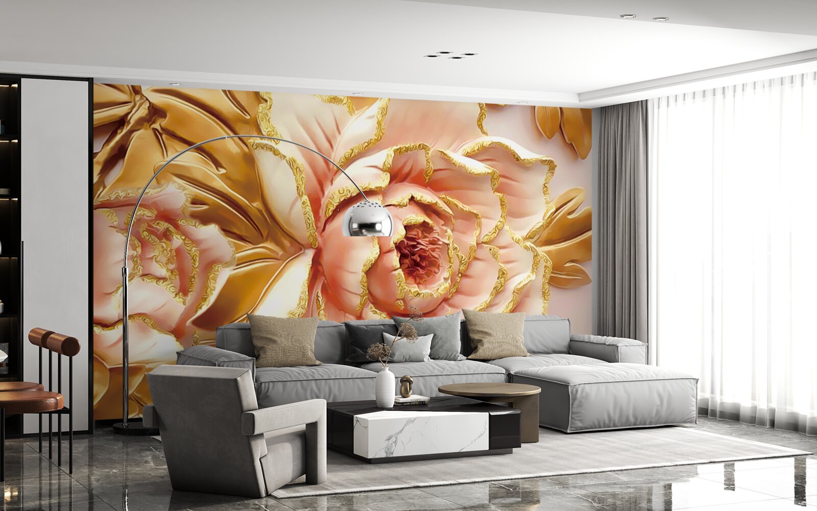 Fototapet bujor înflorit cu frunze aurii