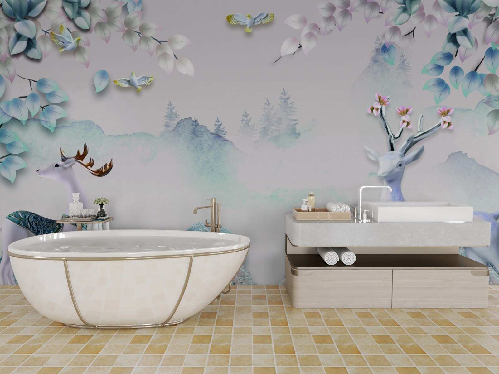 Fototapet căprioară rătăcind în ceață groasă