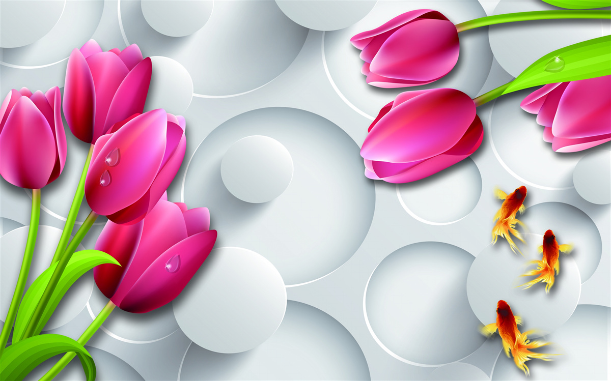 Fototapet fluturi și buchete de lalele cărămizii