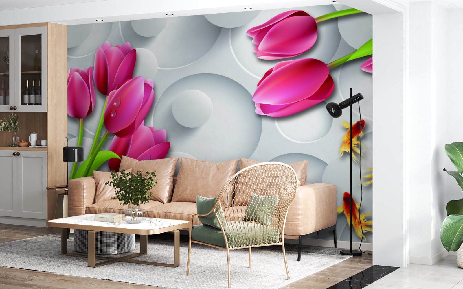 Fototapet fluturi și buchete de lalele cărămizii