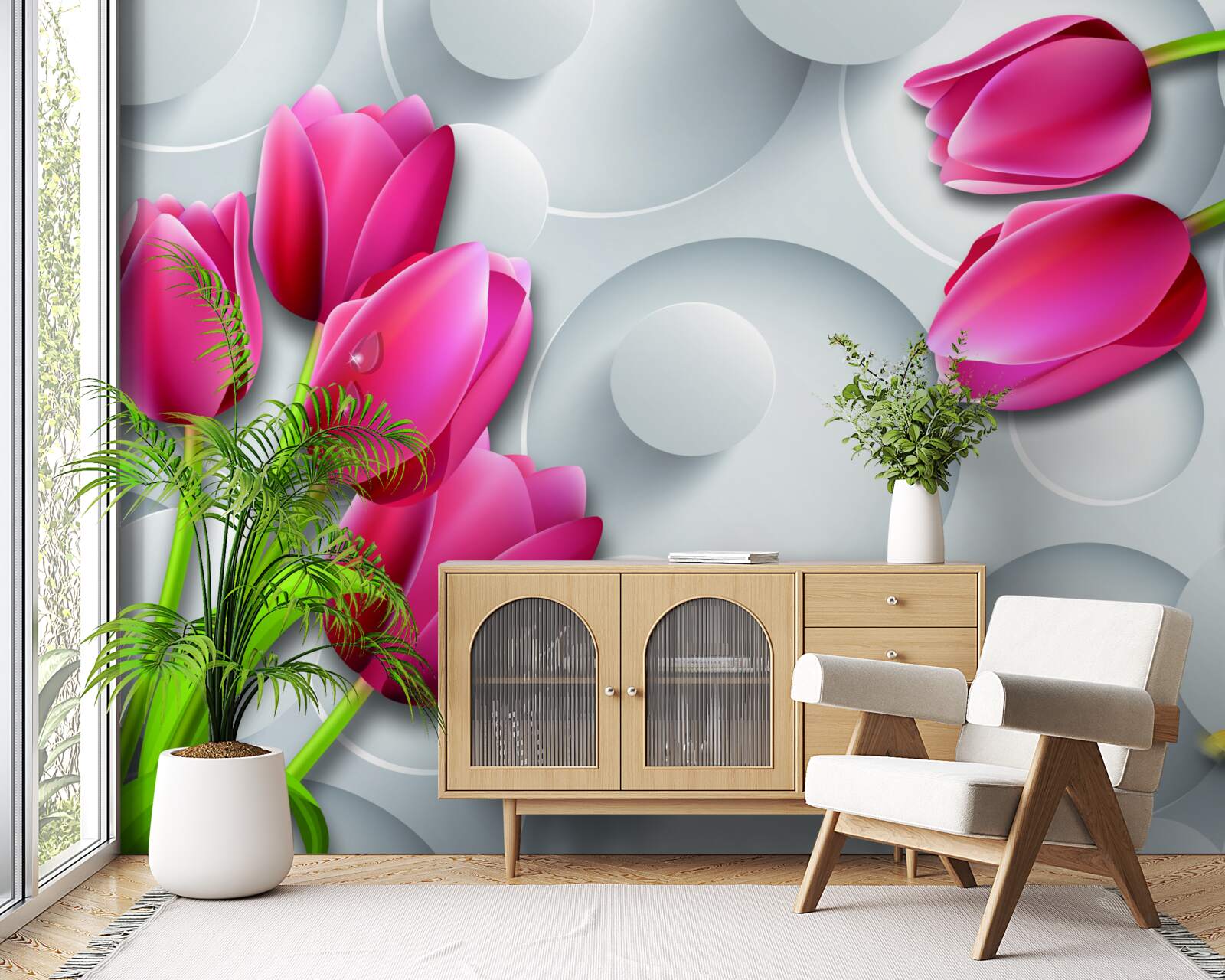 Fototapet fluturi și buchete de lalele cărămizii