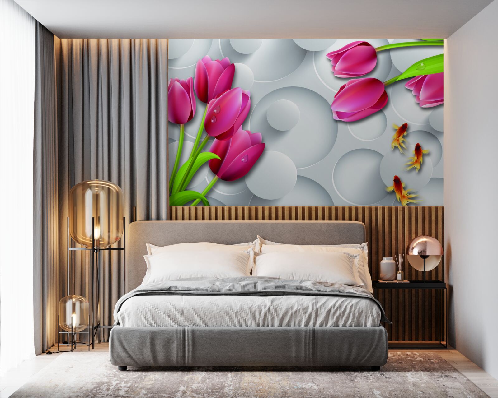 Fototapet fluturi și buchete de lalele cărămizii