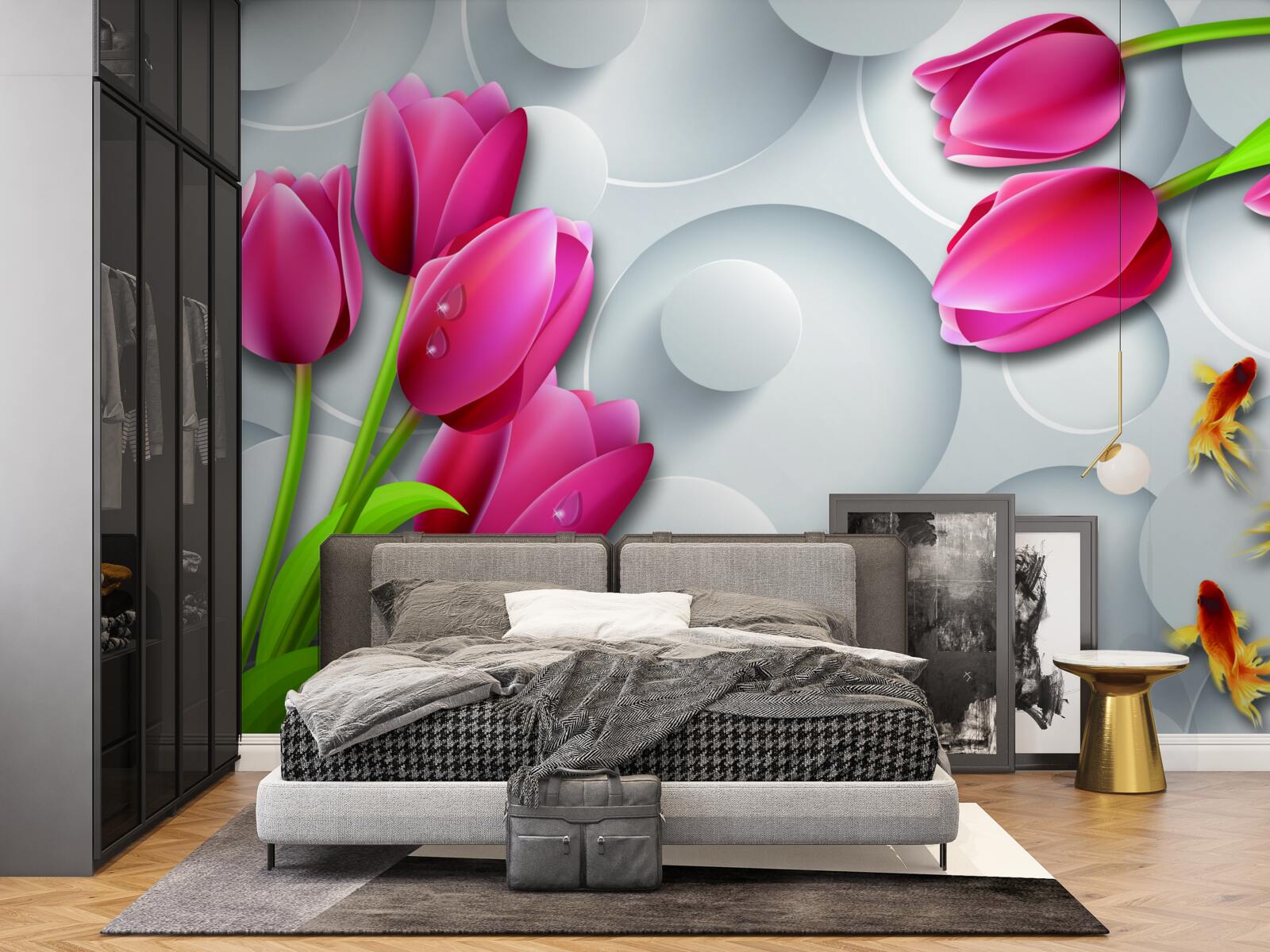 Fototapet fluturi și buchete de lalele cărămizii