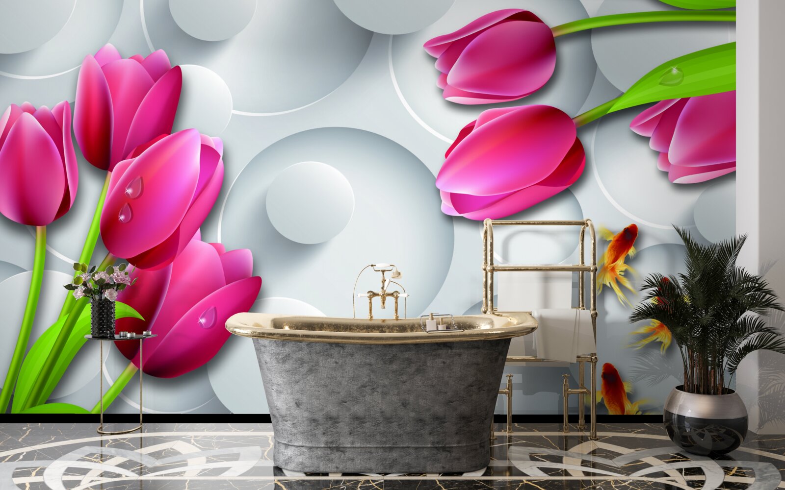 Fototapet fluturi și buchete de lalele cărămizii