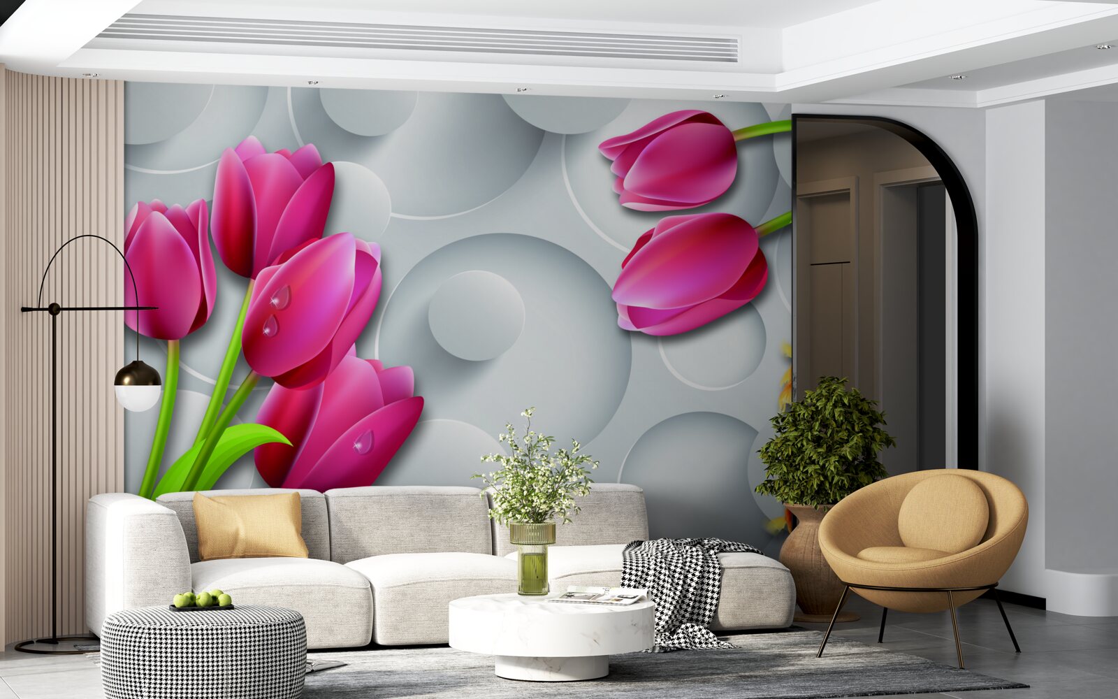 Fototapet fluturi și buchete de lalele cărămizii