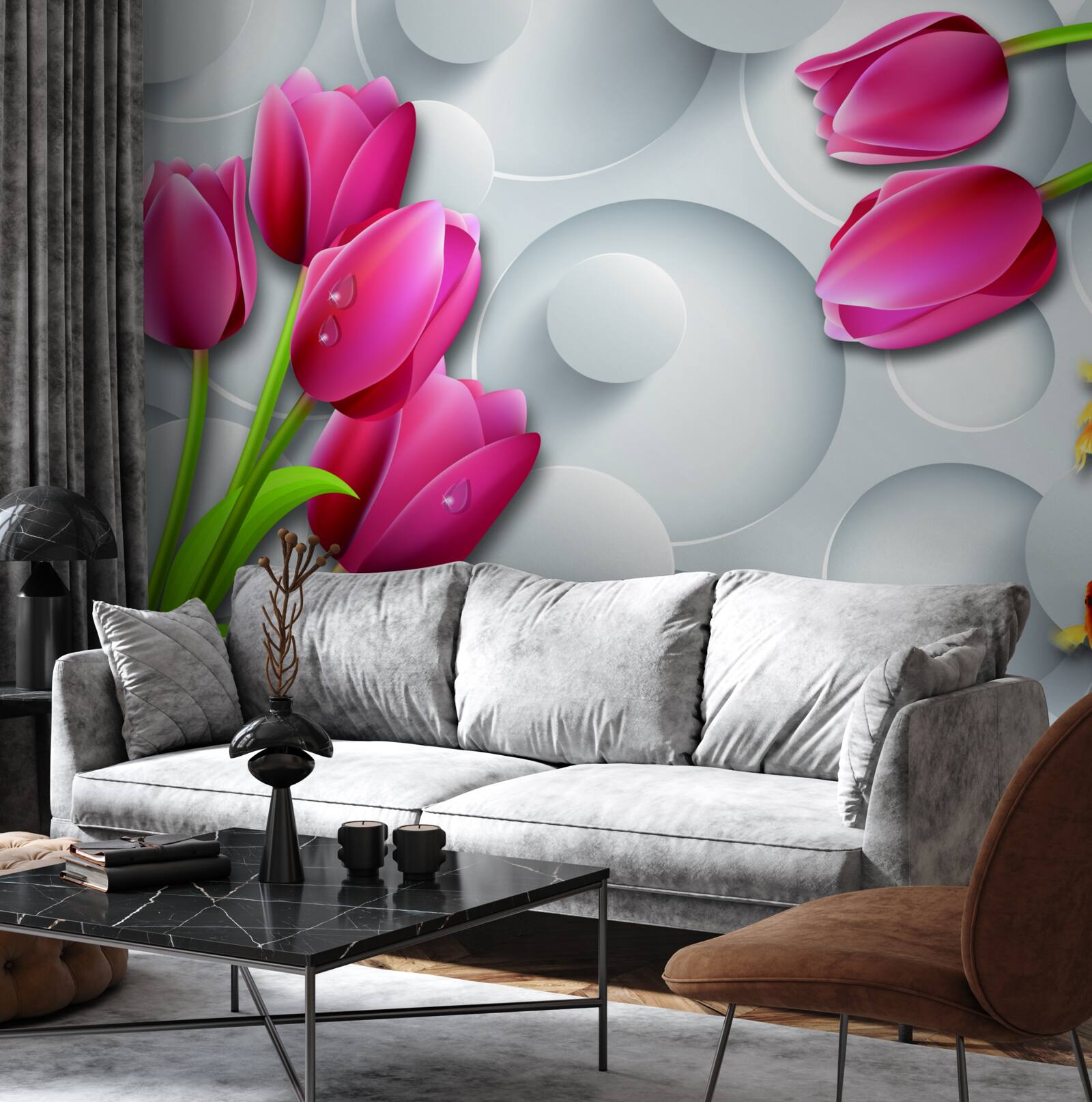 Fototapet fluturi și buchete de lalele cărămizii