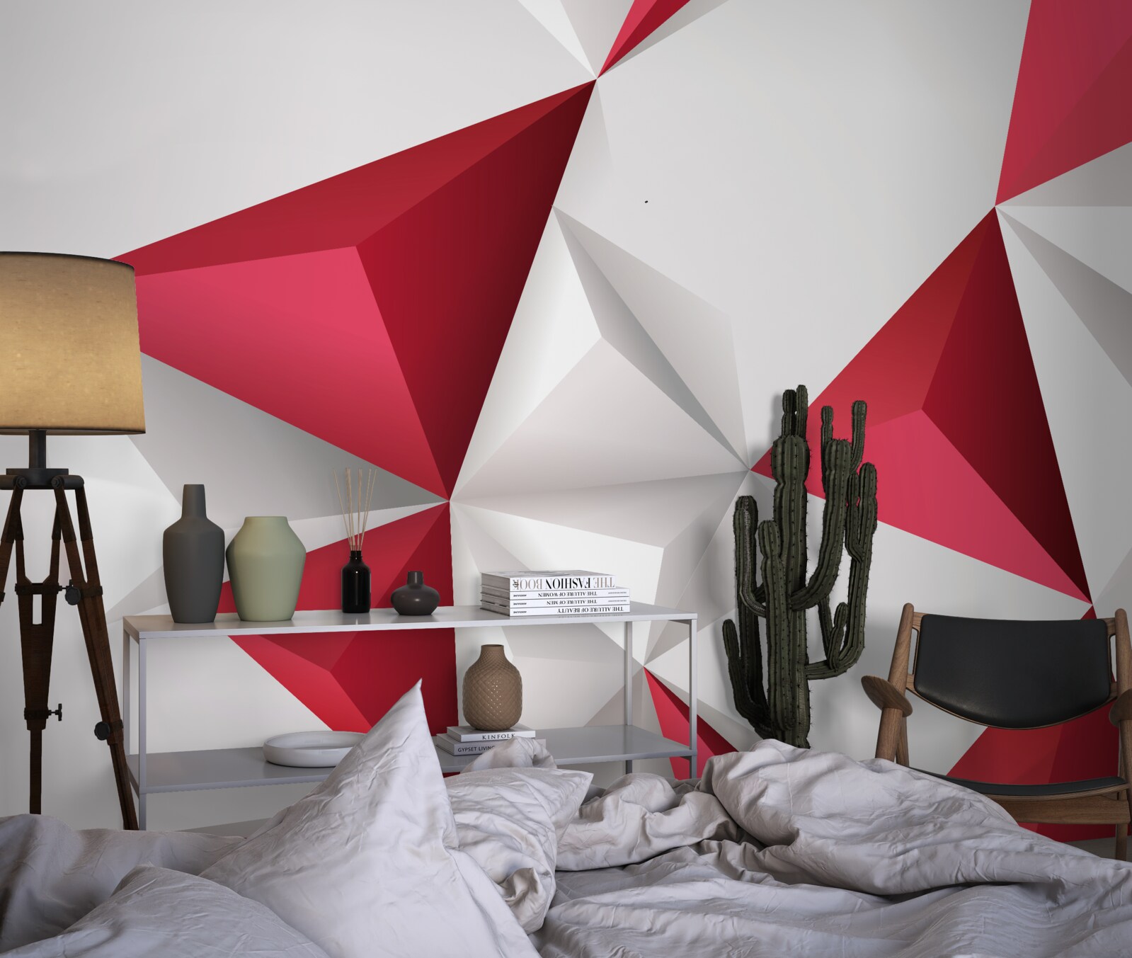 Fototapet triunghiuri în alb și roșu cu volum