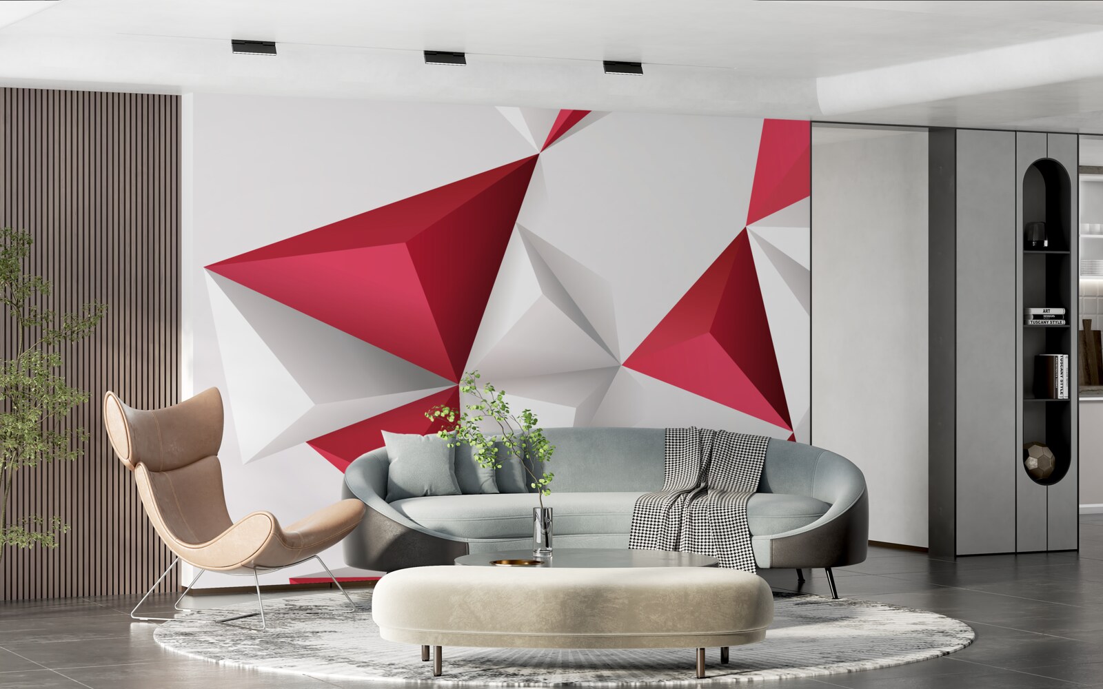 Fototapet triunghiuri în alb și roșu cu volum