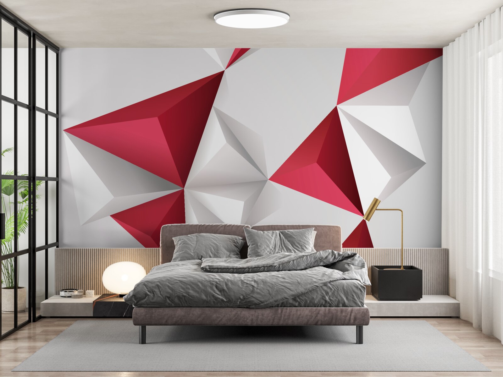 Fototapet triunghiuri în alb și roșu cu volum