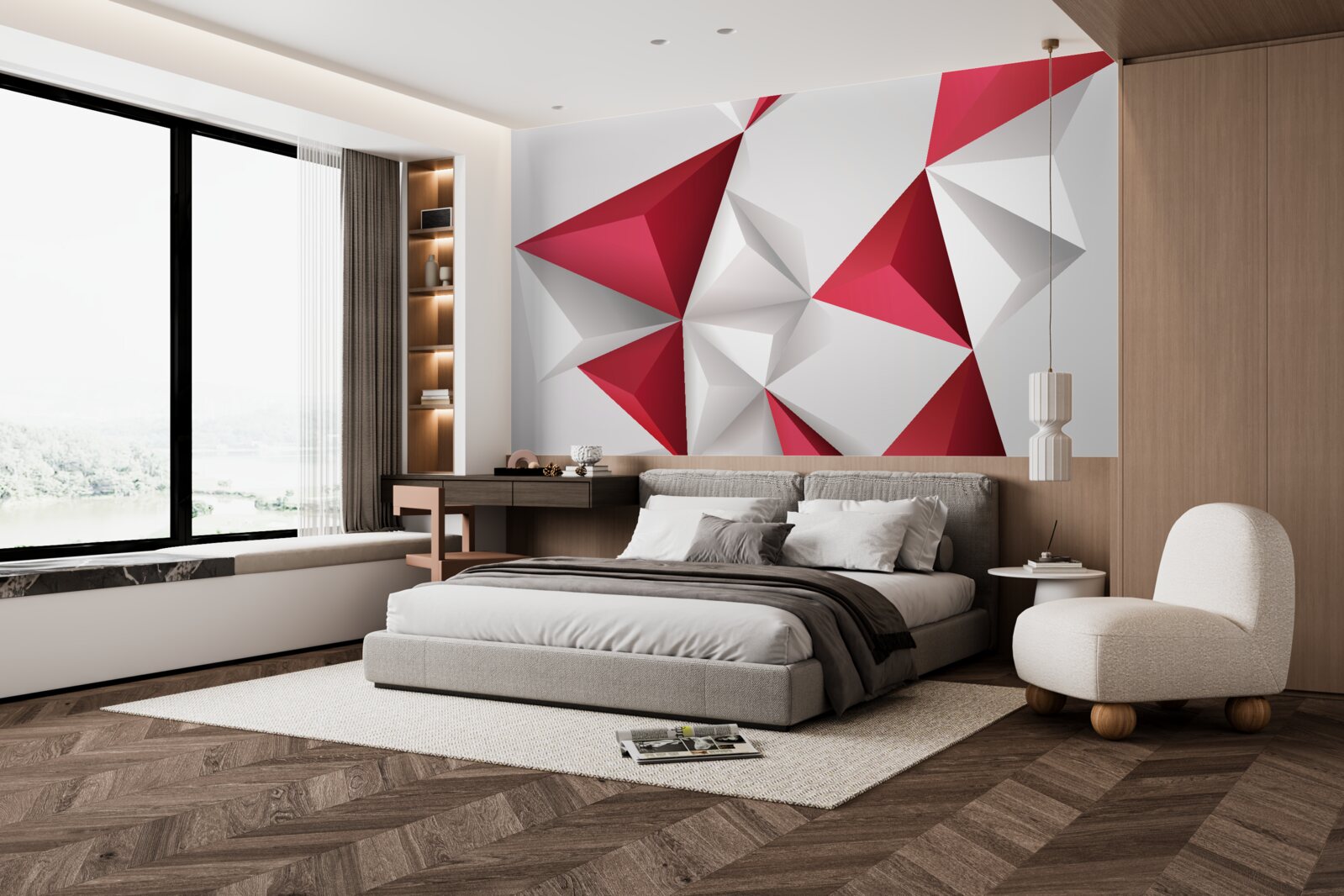 Fototapet triunghiuri în alb și roșu cu volum