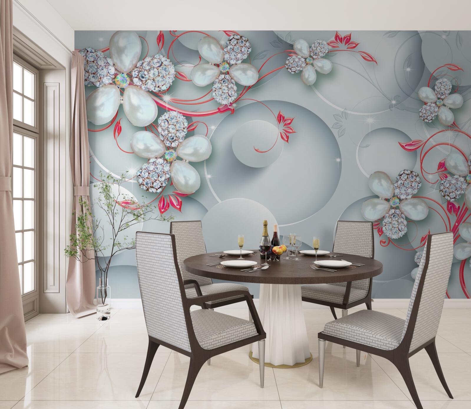 Fototapet Flori în tonuri albe cu elemente de perle și pietre prețioase