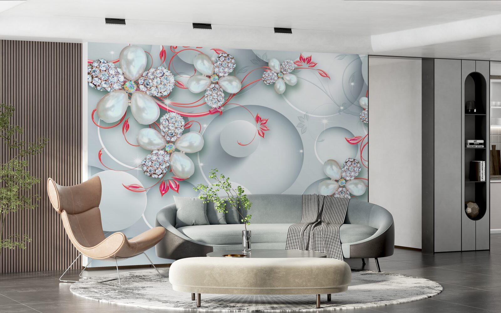 Fototapet Flori în tonuri albe cu elemente de perle și pietre prețioase