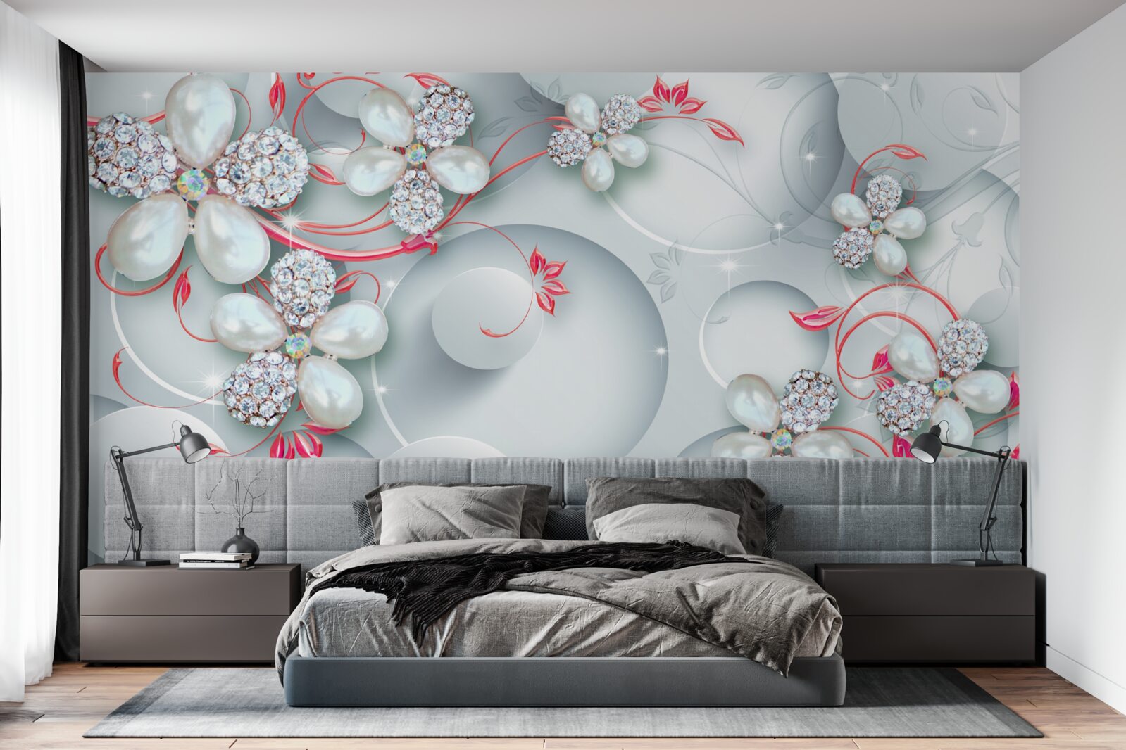 Fototapet Flori în tonuri albe cu elemente de perle și pietre prețioase