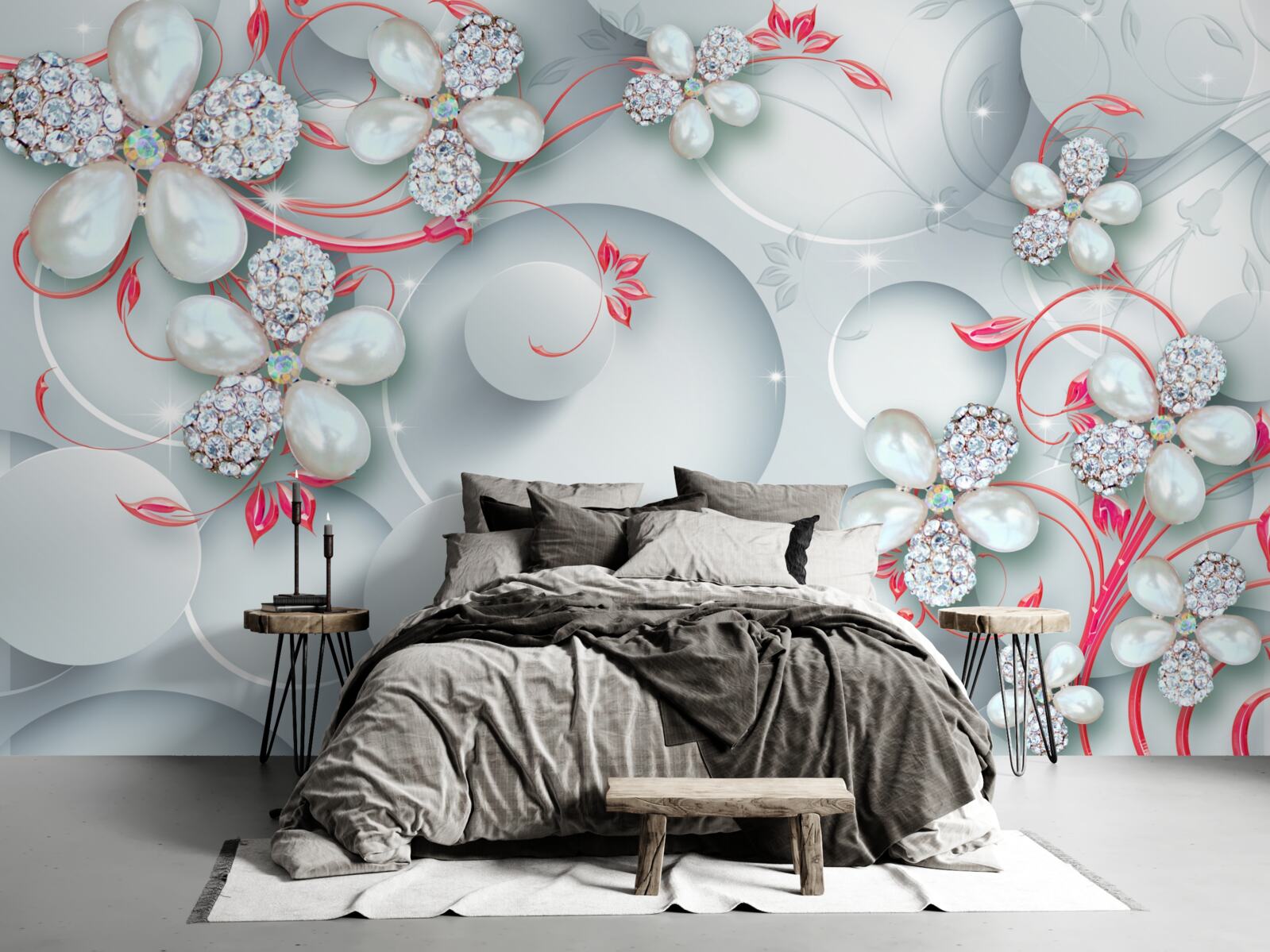 Fototapet Flori în tonuri albe cu elemente de perle și pietre prețioase