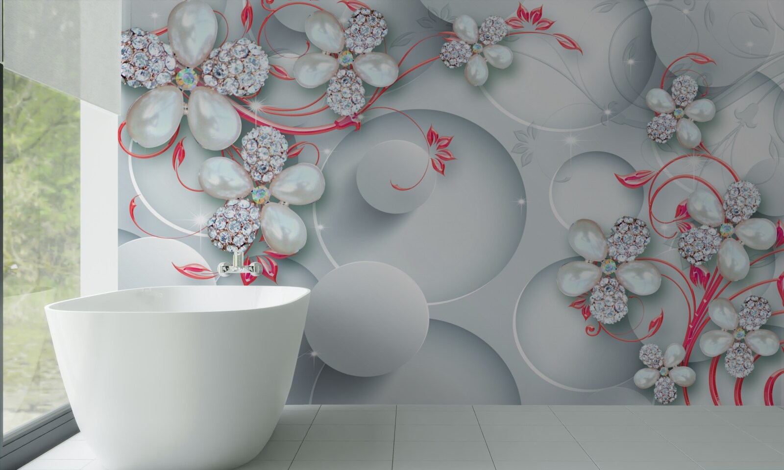 Fototapet Flori în tonuri albe cu elemente de perle și pietre prețioase