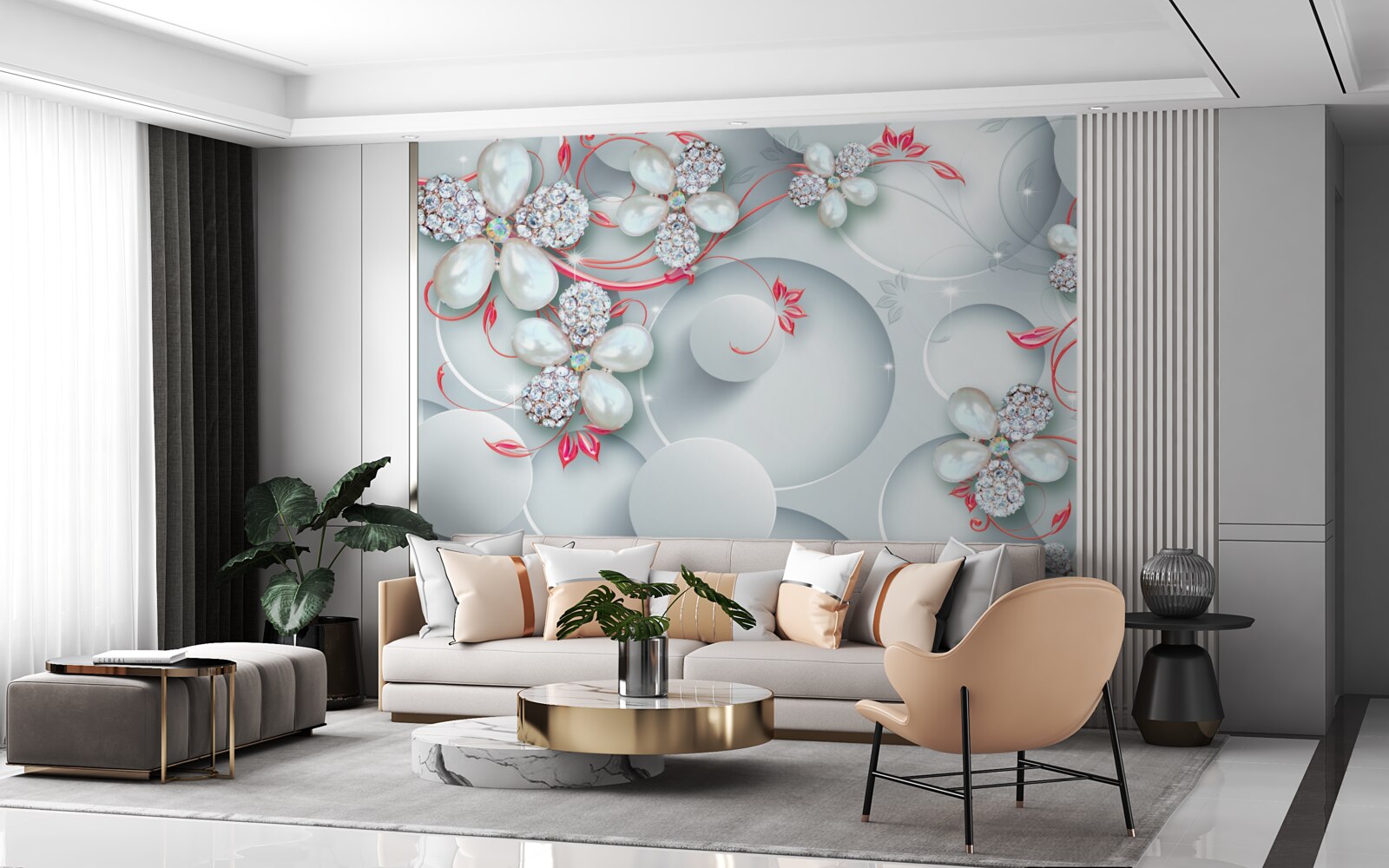 Fototapet Flori în tonuri albe cu elemente de perle și pietre prețioase