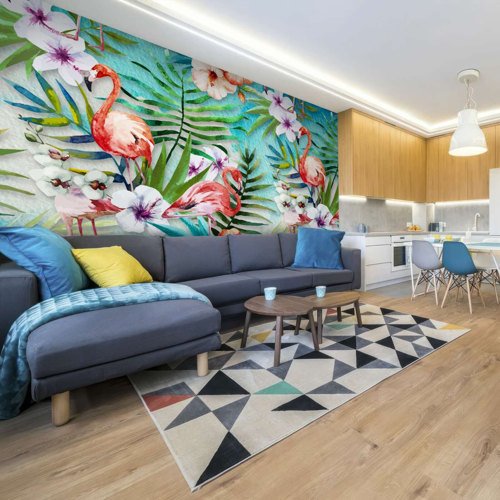 Fototapet frunzele sunt înconjurate de flamingo roz