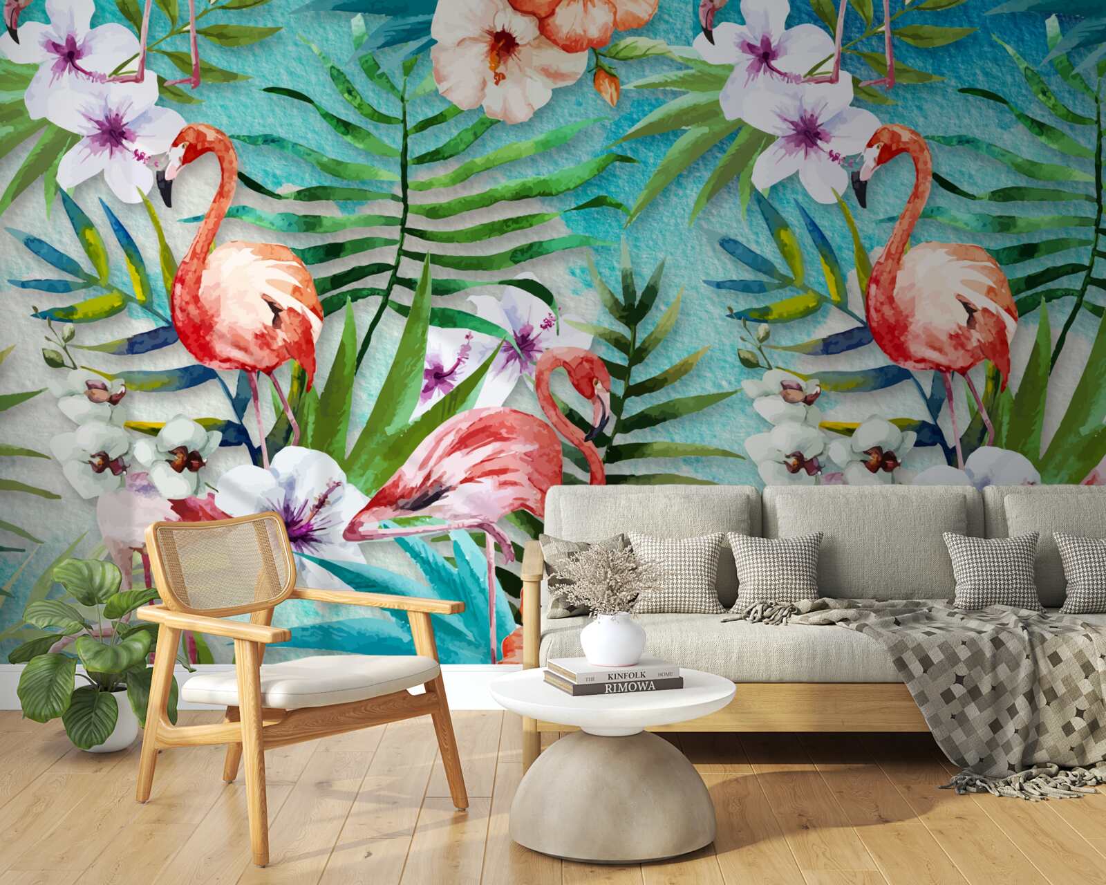 Fototapet frunzele sunt înconjurate de flamingo roz