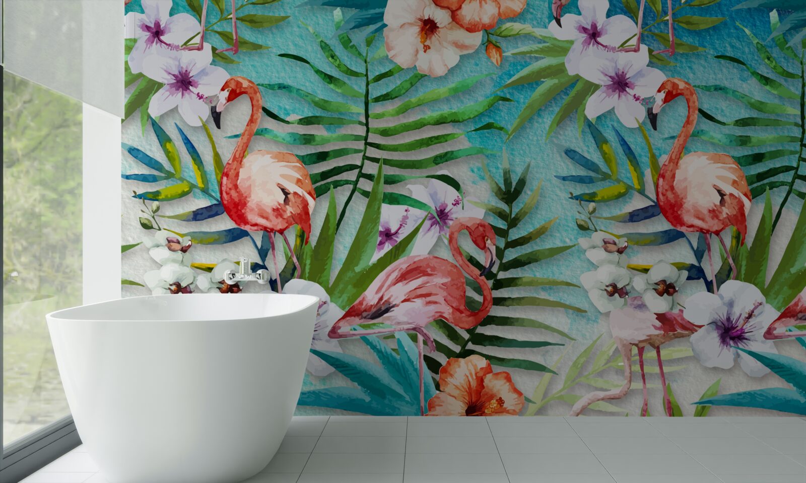 Fototapet frunzele sunt înconjurate de flamingo roz