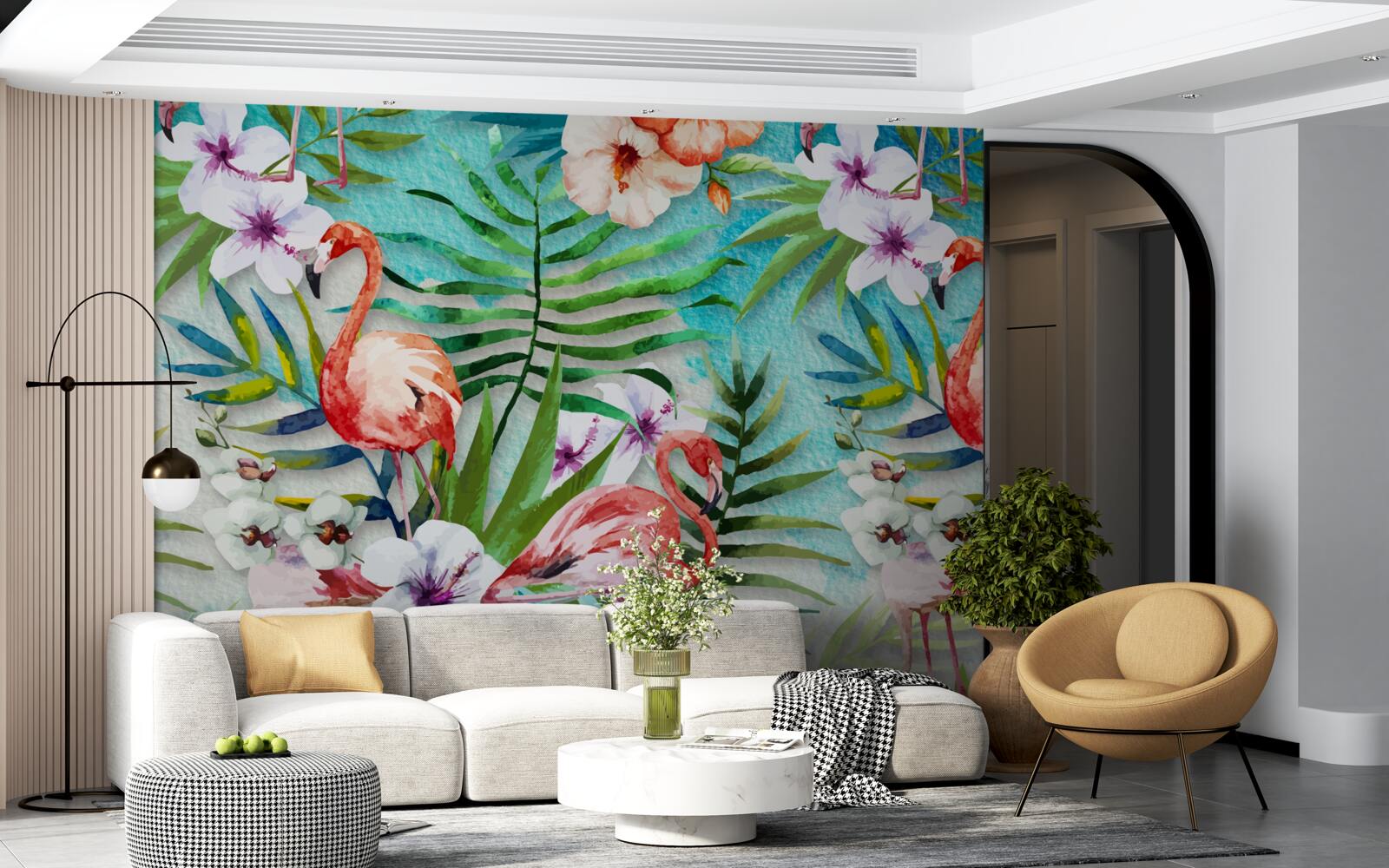 Fototapet frunzele sunt înconjurate de flamingo roz