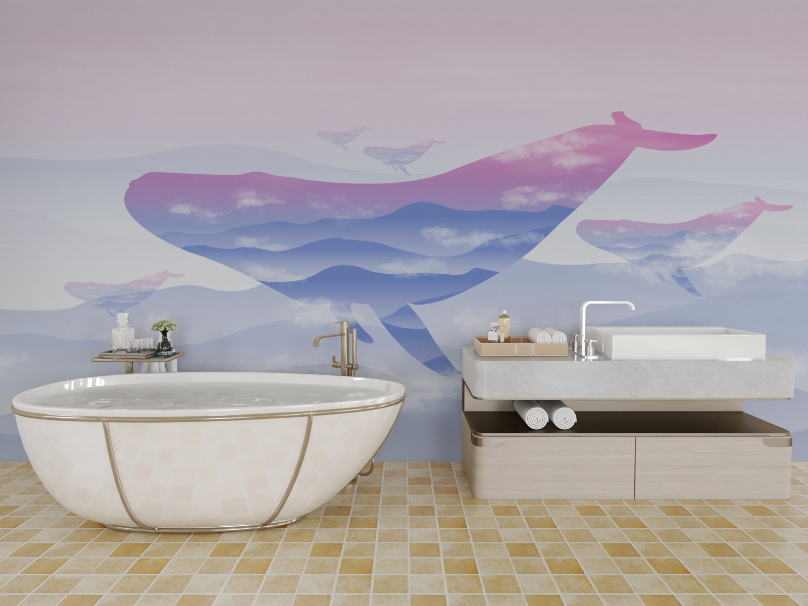 Fototapet balenă alunecând printre nori