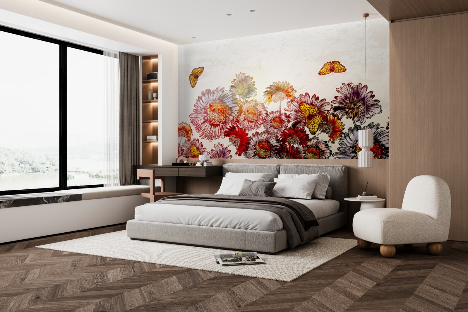 Fototapet florile strălucitoare atrag fluturi alunecoși