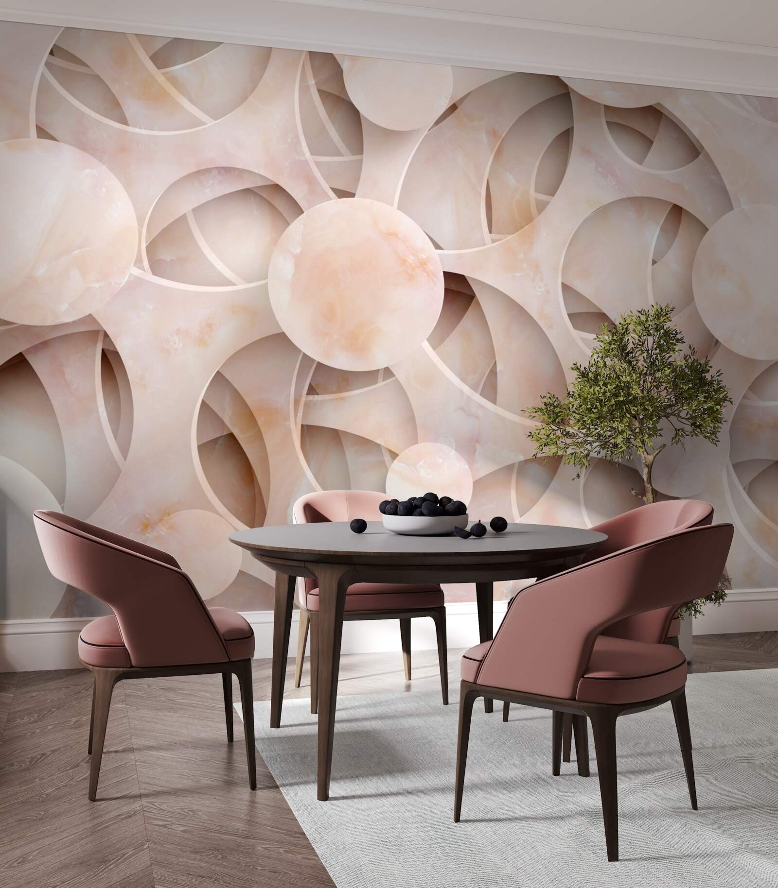 Fototapet forme rotunjite și linii curbe pe un fundal roz