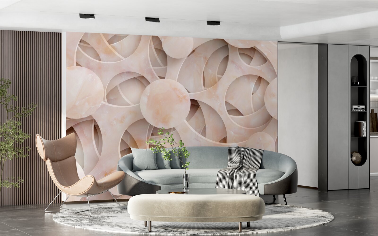 Fototapet forme rotunjite și linii curbe pe un fundal roz