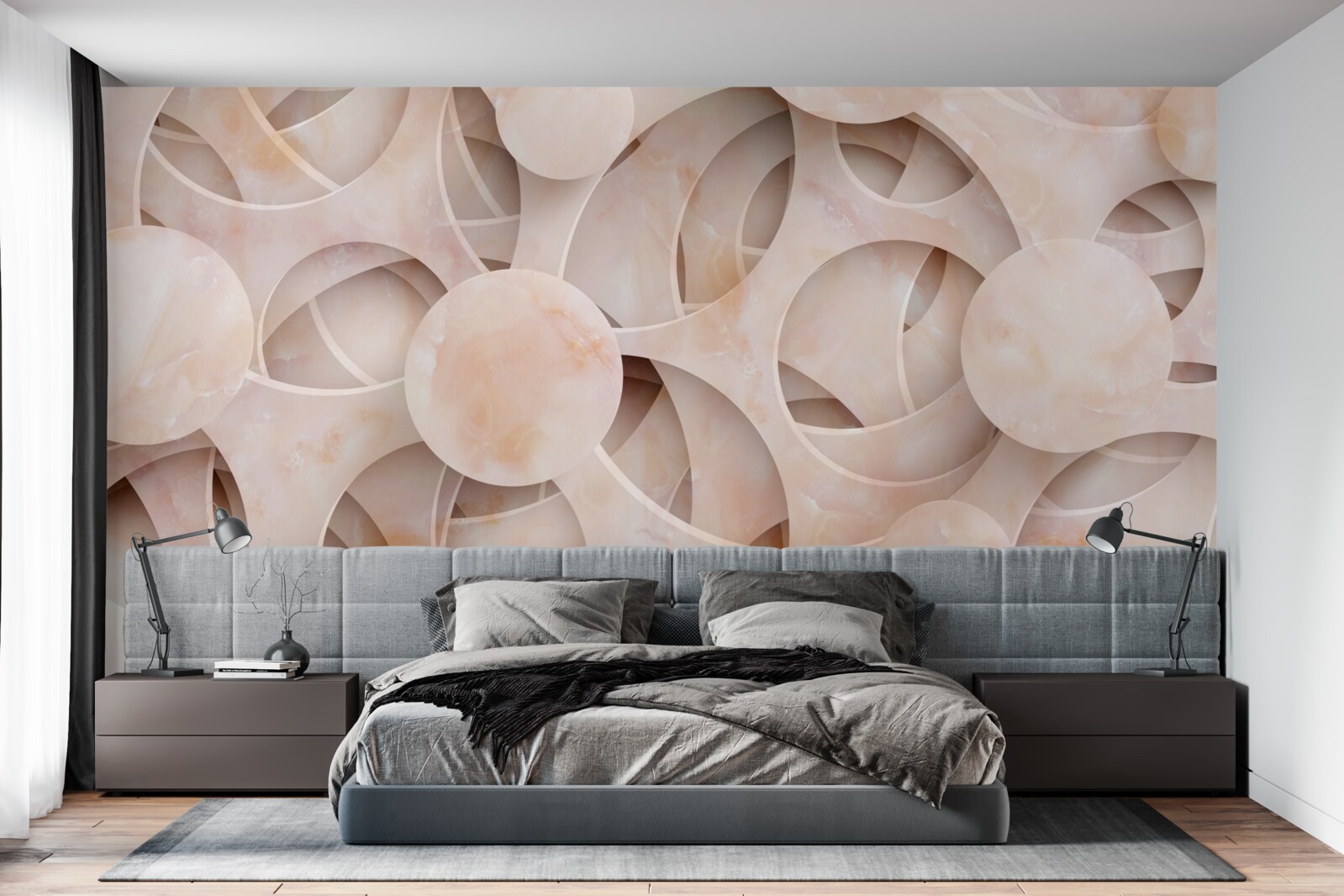 Fototapet forme rotunjite și linii curbe pe un fundal roz