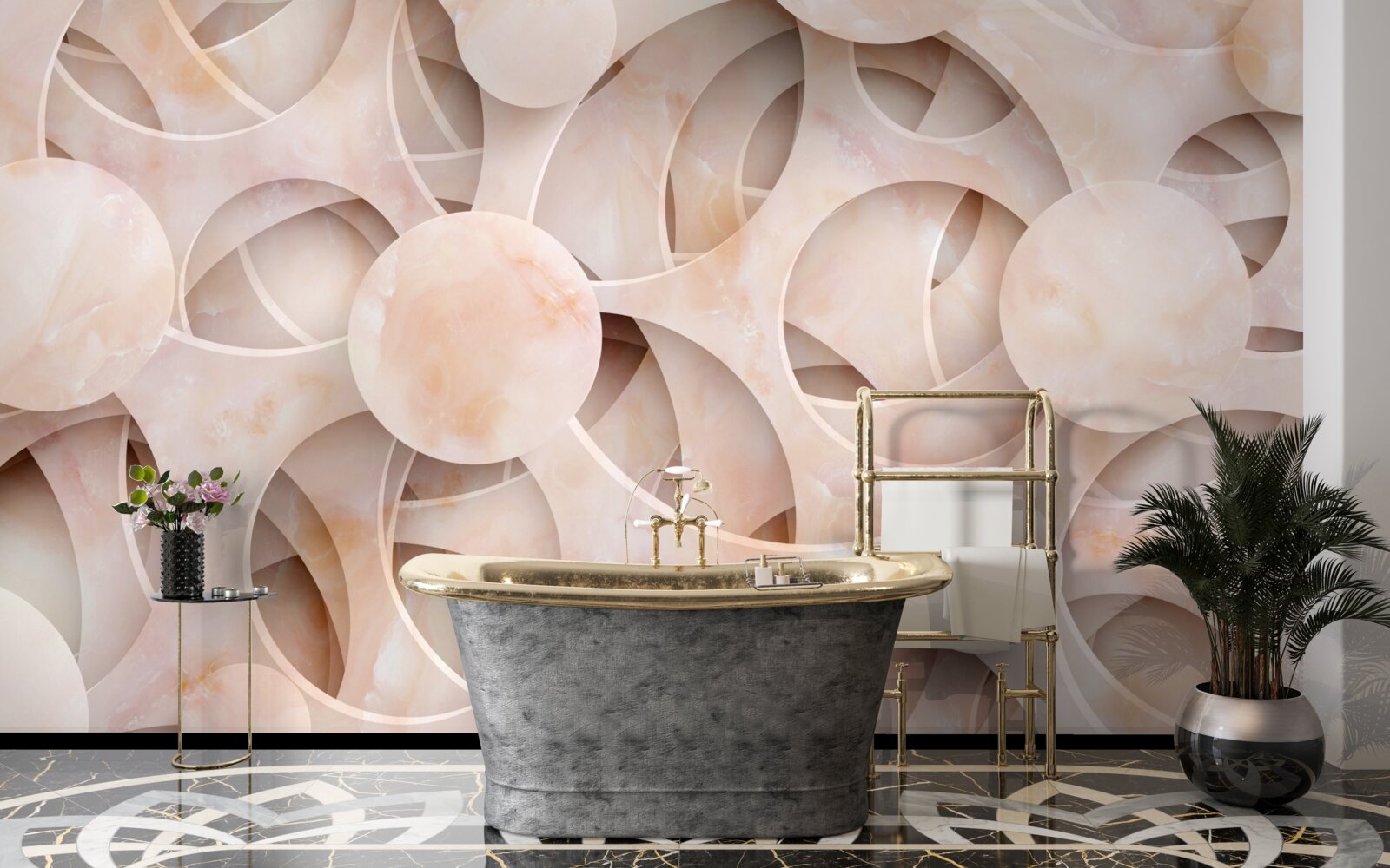 Fototapet forme rotunjite și linii curbe pe un fundal roz