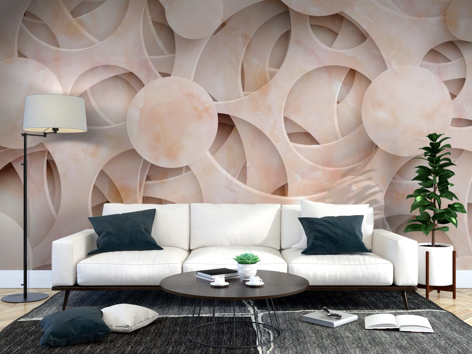 Fototapet forme rotunjite și linii curbe pe un fundal roz