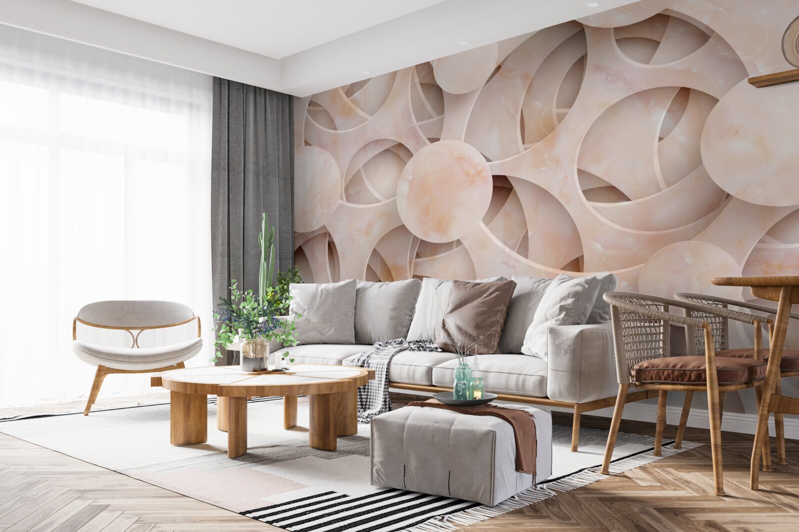 Fototapet forme rotunjite și linii curbe pe un fundal roz