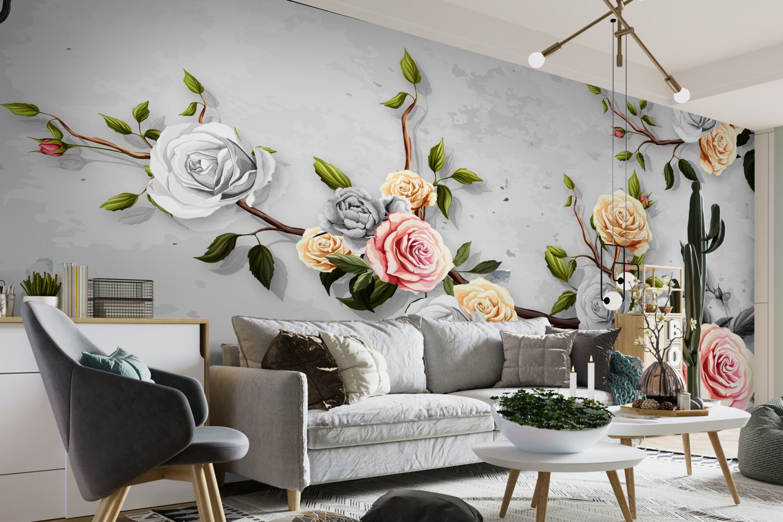 Fototapet ramuri roz în stil vintage