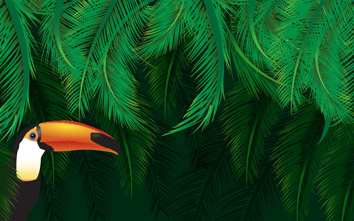 Fototapet tucan printre verdeață tropicală