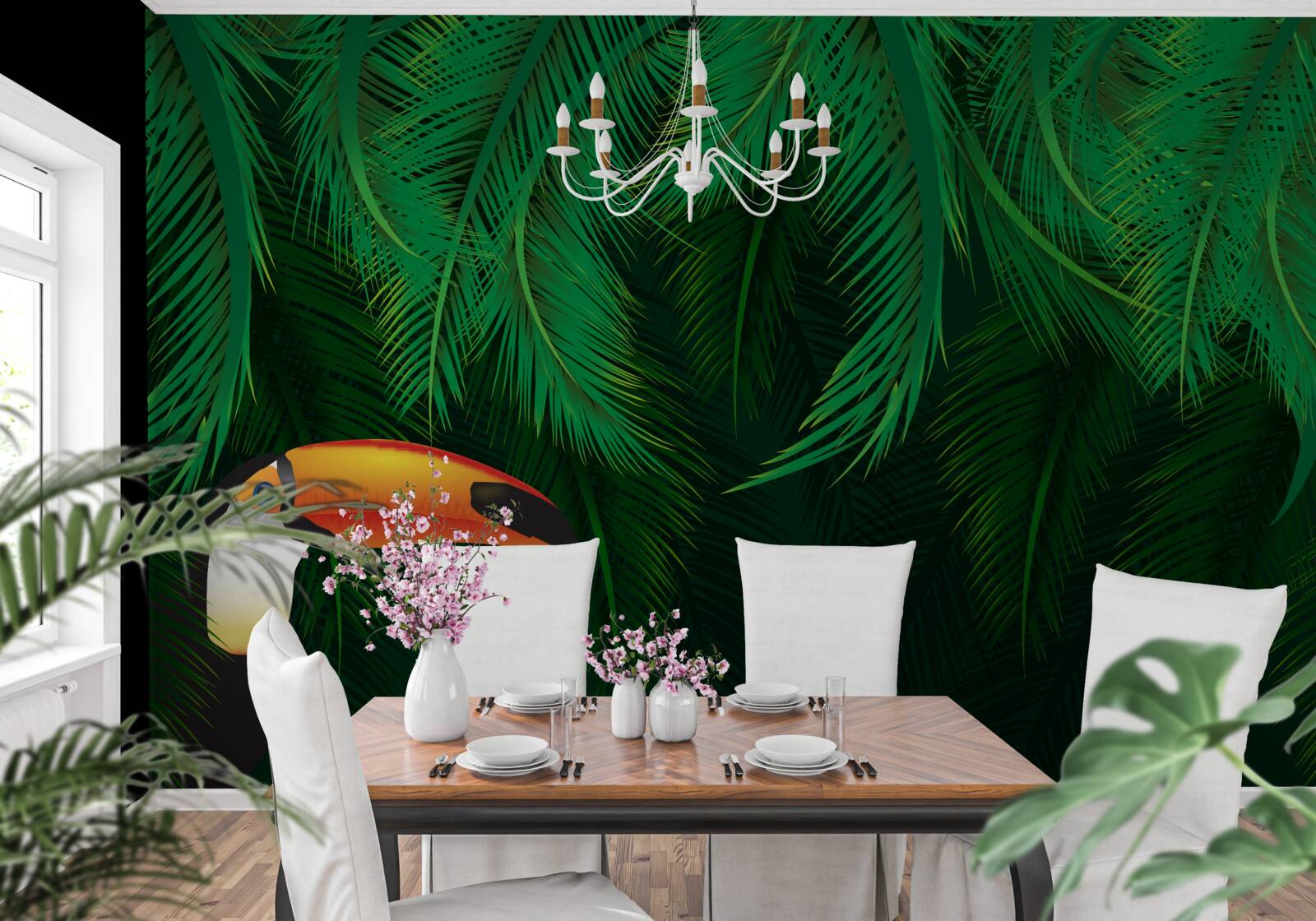 Fototapet tucan printre verdeață tropicală