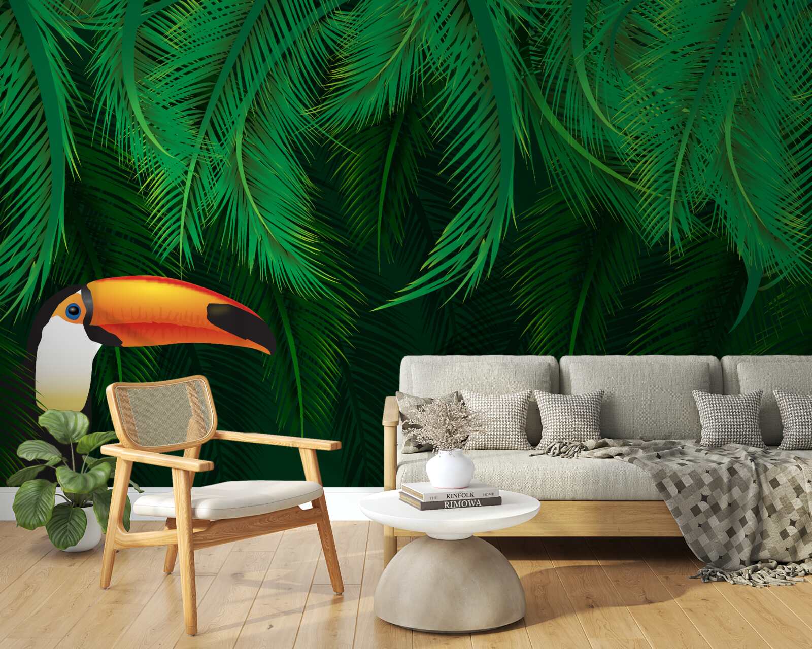 Fototapet tucan printre verdeață tropicală