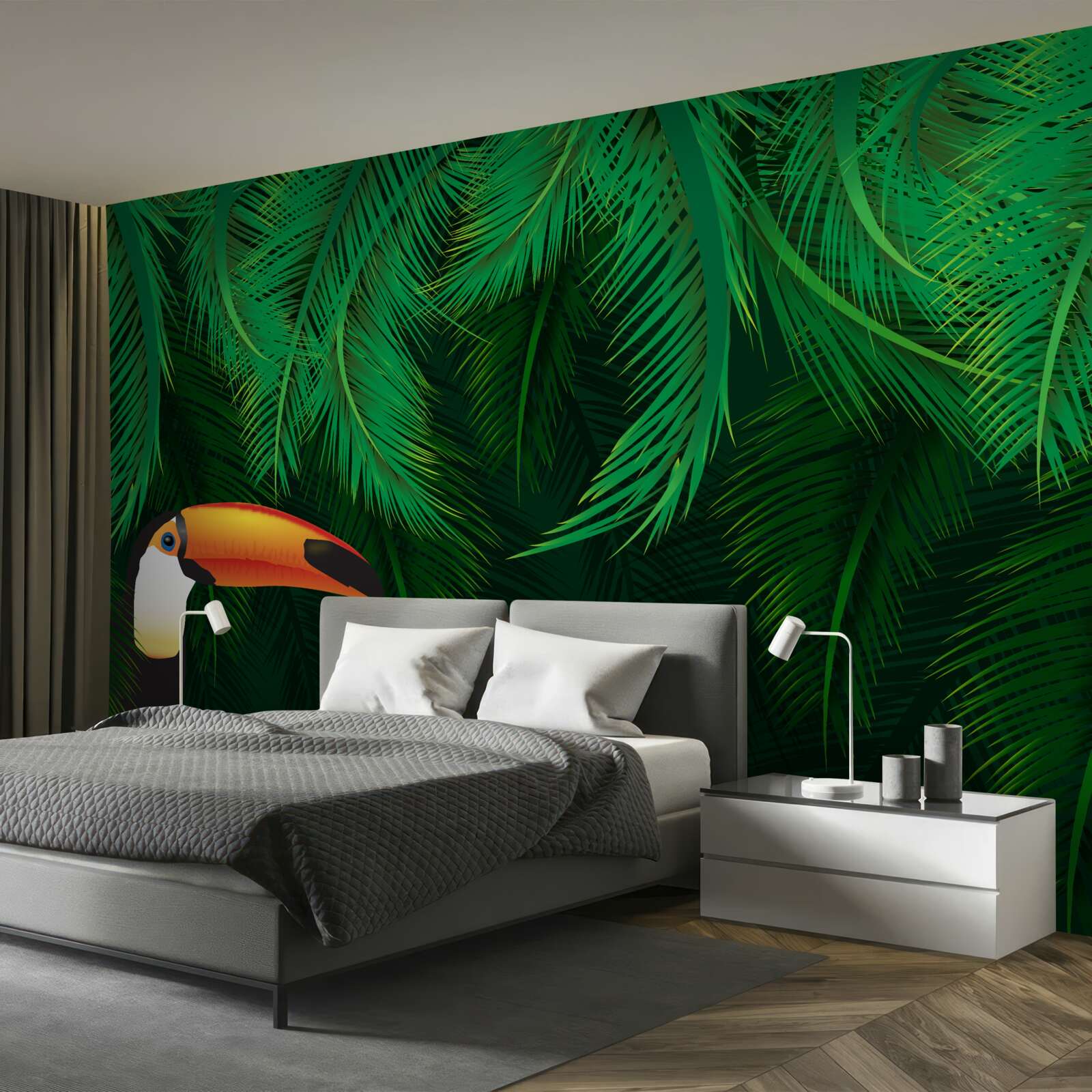 Fototapet tucan printre verdeață tropicală